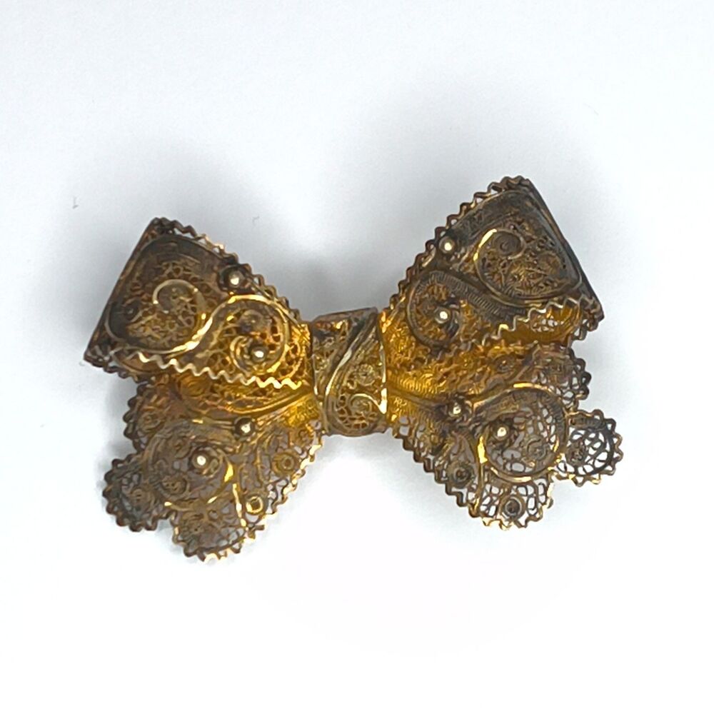 Topazio Portugal Filigree Bow Brooch, Sterling Silver Vermeil, 1930s VTG Jewelry